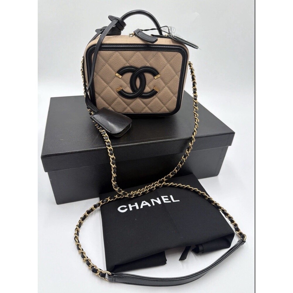 Chanel Quilted Small Vanity Case Beige Black Grained Calfskin
